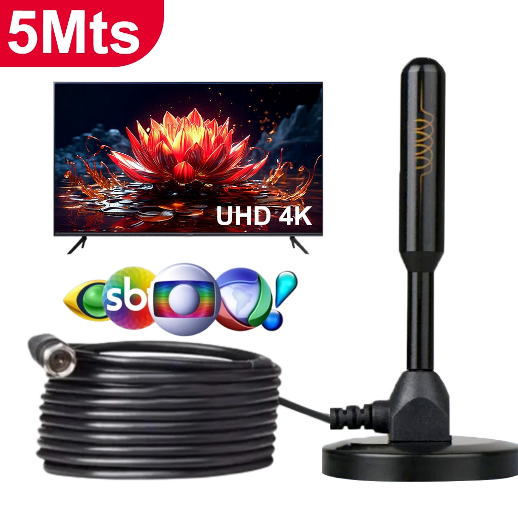 Antena Digital 5 metros interna Sinal TV HDTV Base Imã Externo a prova d'agua