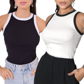 Kit 2 Regata Feminina Canelada Bicolor Americana Cavada Básica Blusa
