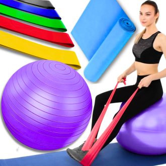 Kit Bola Suiça Pilates Fisioterapia 55cm + Faixa Elastica Thera Band + 5 Elásticos de Exercício Mini Band
