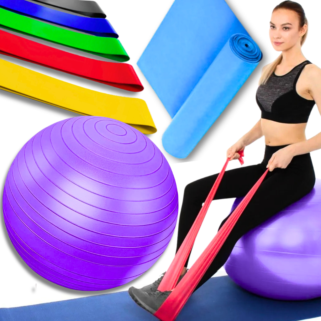 Kit Bola Suiça Pilates Fisioterapia 55cm + Faixa Elastica Thera Band + 5 Elásticos de Exercício Mini Band