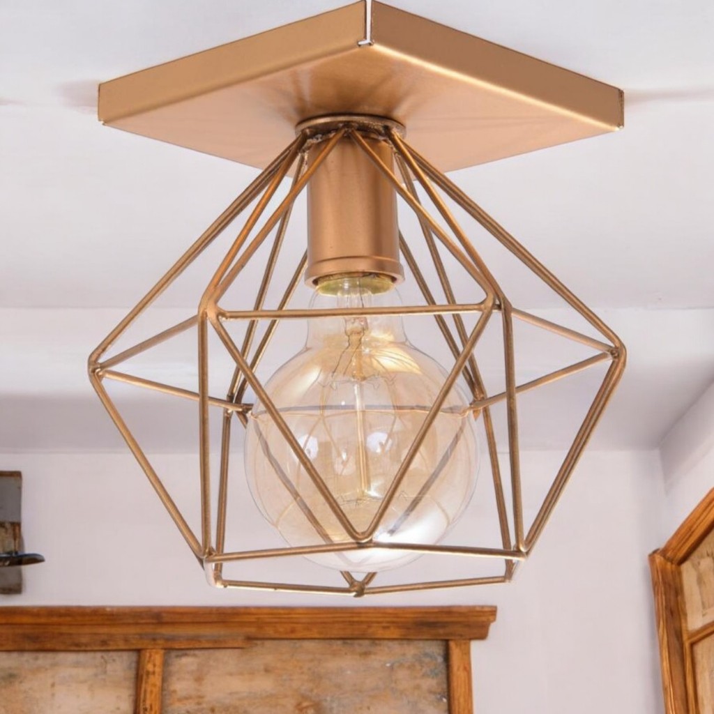 Luminária Plafon Aramado Quadrado Lustre Diamante Luxo Retrô