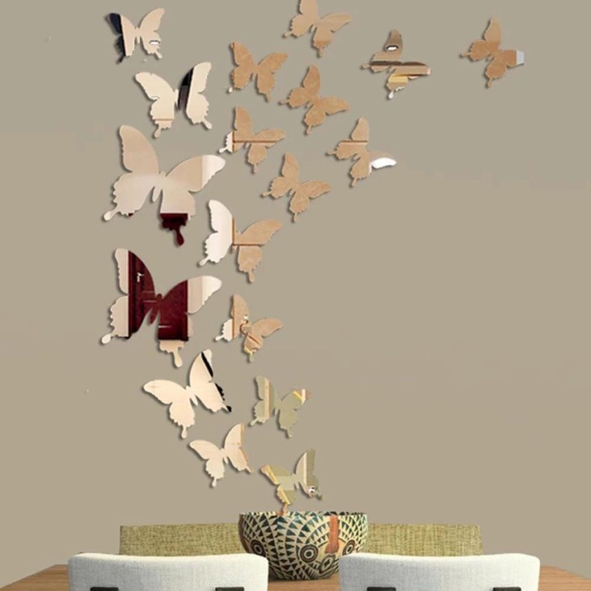 12Pcs/lot 3D Butterfly Mirror Wall Sticker Decalque Decoração De Parede Arte De Casamento Removível Quarto Infantil