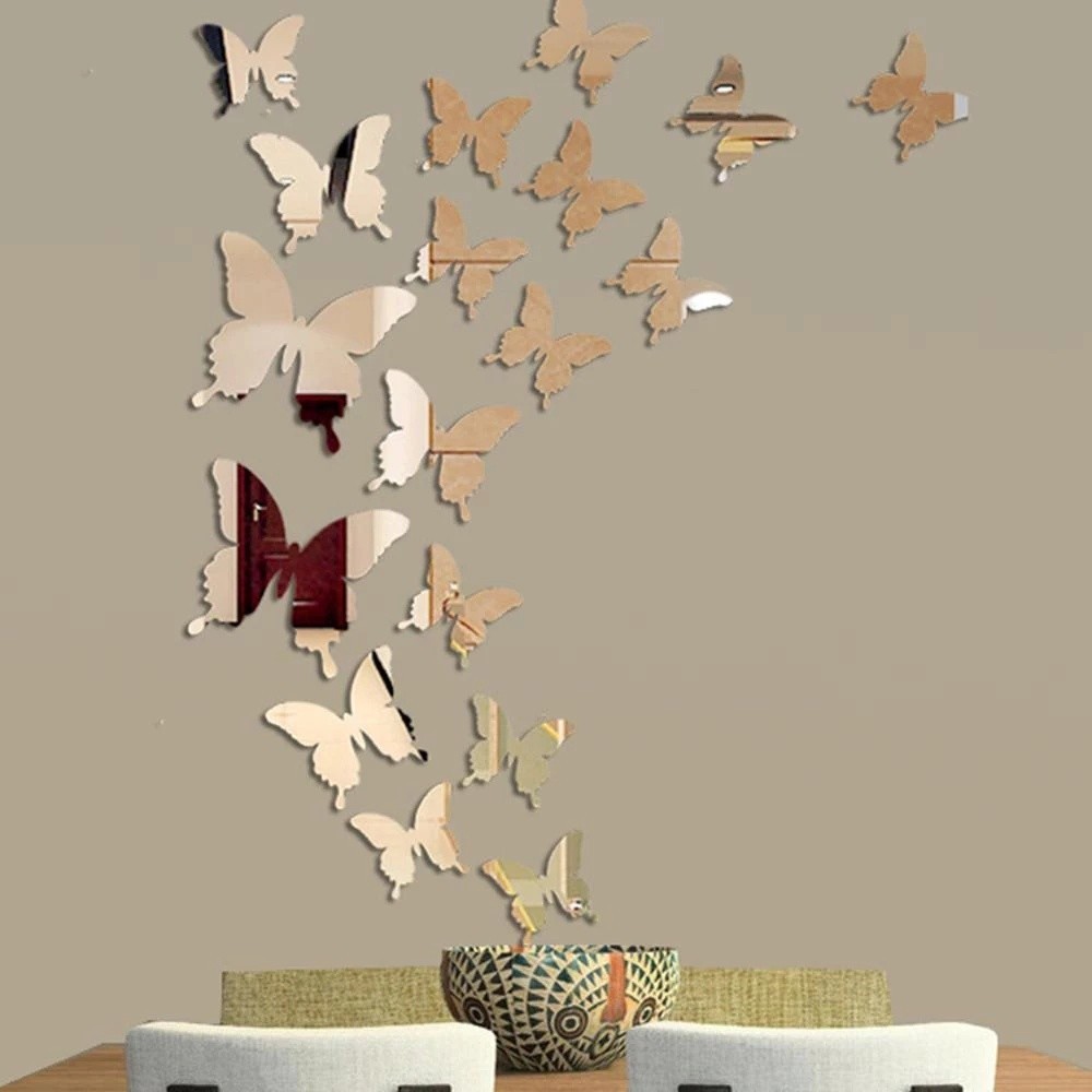12Pcs/lot 3D Butterfly Mirror Wall Sticker Decalque Decoração De Parede Arte De Casamento Removível Quarto Infantil