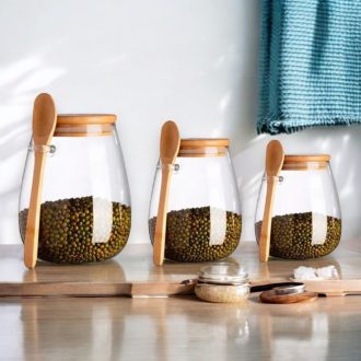 3 Pote De Vidro Hermético Tampa De Bambu Com Colher De Bambu 500/750/950ml