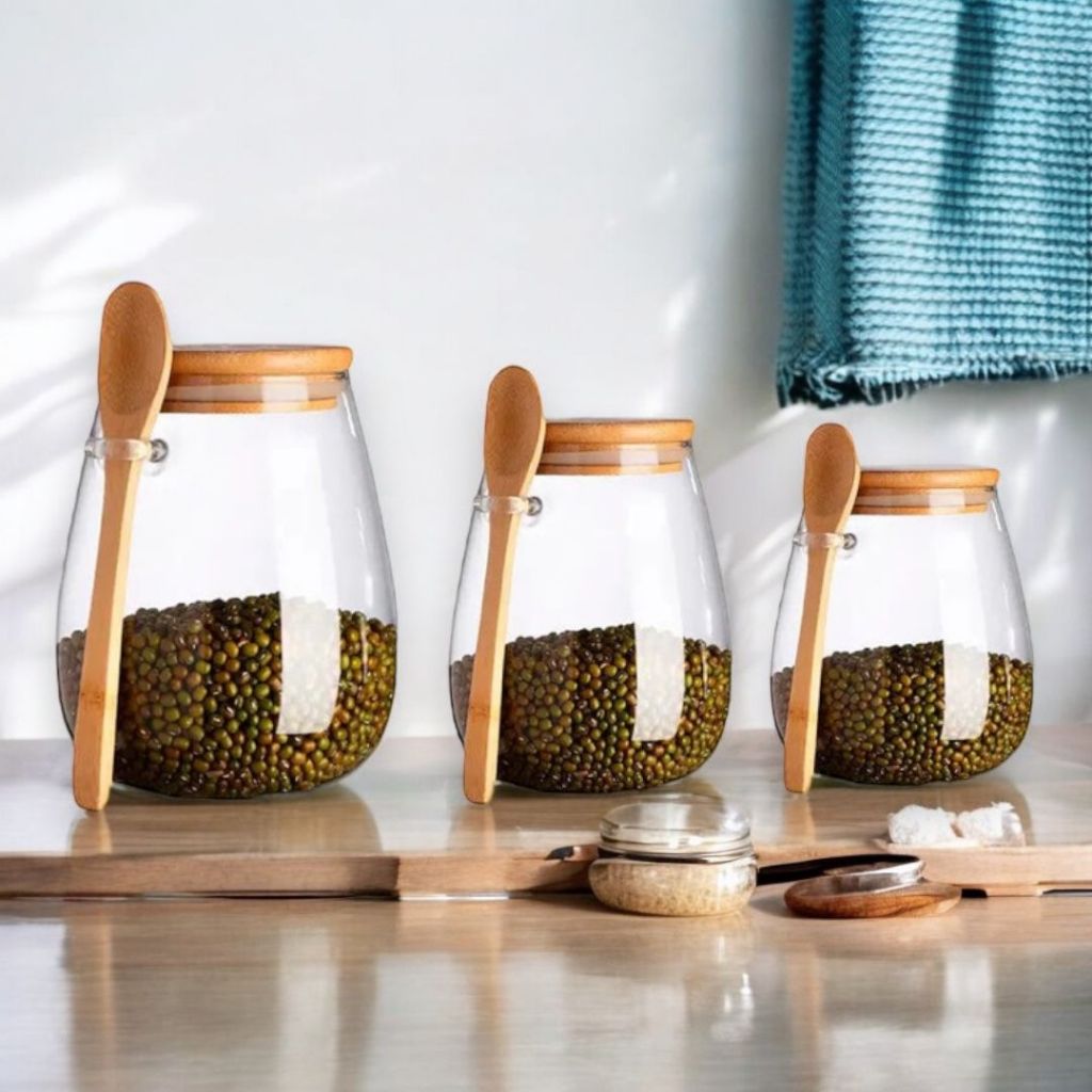 3 Pote De Vidro Hermético Tampa De Bambu Com Colher De Bambu 500/750/950ml