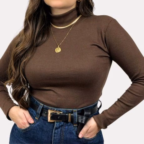 Blusa Feminina Manga Longa Cacharrel 100% Algodão Confortável Básico Gola Alta