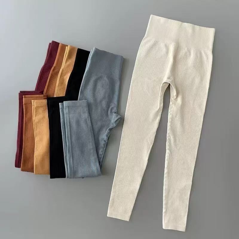 Calça Legging Push Up Canelada de Cintura Alta Sem Costura para Academia Feminina Esportiva sem Costura