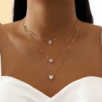 Colar Europeu Americano de Cadeia de Clavícula com Cinco Pontas Estrela do Amor e Pingentes de Gotas de Água
