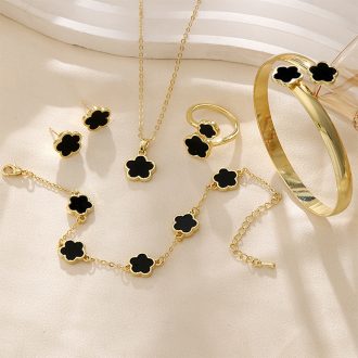 Conjunto de 5 peças brilhante sorte flor conjunto de jóias acrílico pulseira trevo de cinco folhas colar anel brincos
