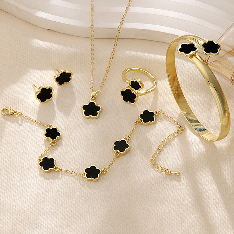 Conjunto de 5 peças brilhante sorte flor conjunto de jóias acrílico pulseira trevo de cinco folhas colar anel brincos