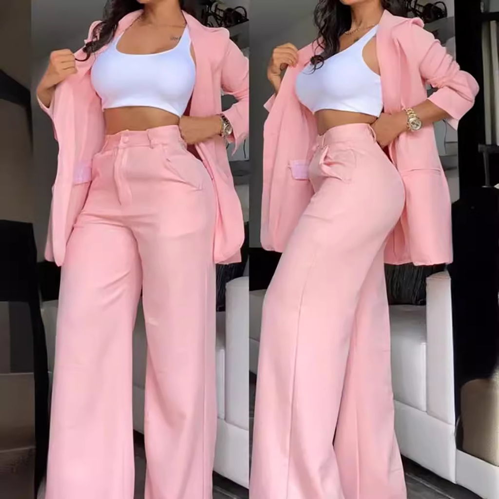 Conjunto De Fatos De Trabalho De 2 Peças Para Mulheres Cintura Alta Cor Sólida Escritório Casual De Negócios