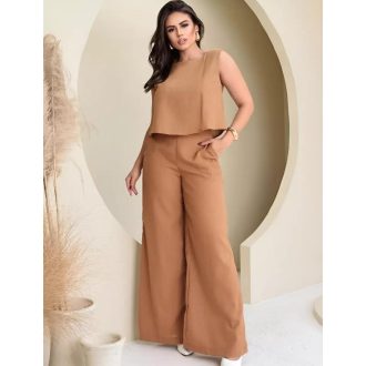 Conjunto Feminino Linho Alfaiataria Calça e Regata Social Elegante Moda Casual Chic