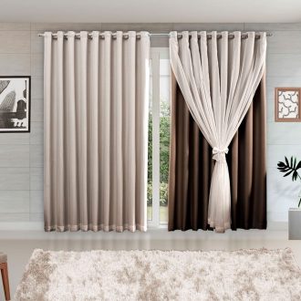 Cortina de Microfibra c/ Voil e Forro 3,00 x 2,50 Decoração Quarto, Sala, Escritório, Janela Inteira