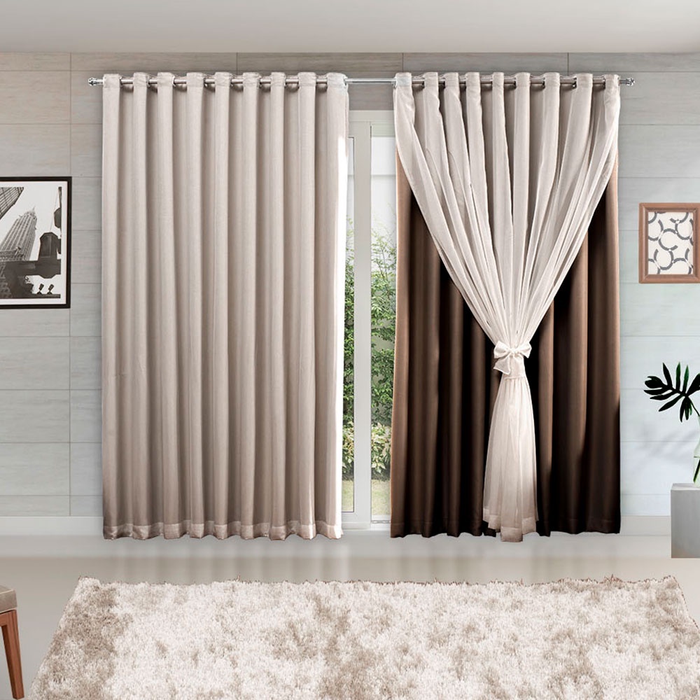 Cortina de Microfibra c/ Voil e Forro 3,00 x 2,50 Decoração Quarto, Sala, Escritório, Janela Inteira