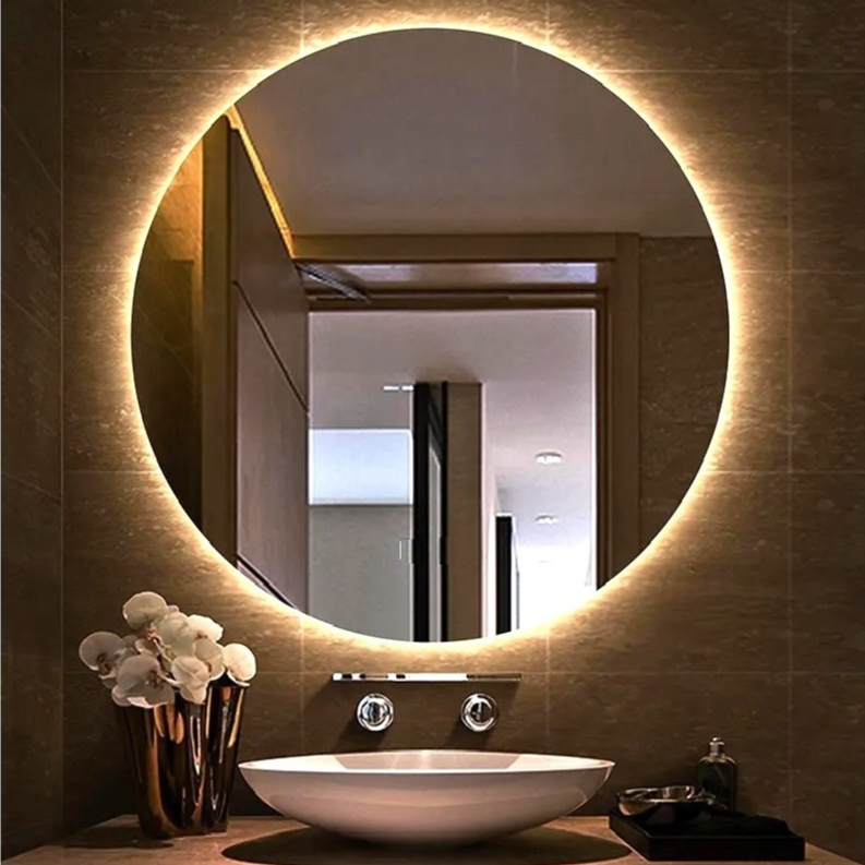 Espelho Decorativo Redondo 60cm 50cm LED Branco Quente com Suporte Banheiro Decoração Lavabo Parede