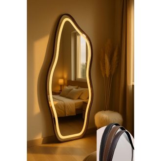 Espelho Flame Moldura Couro e Led Jateado 150cm 170cm Quarto Sala Salão Loja Led Luz Branca e Led Luz Amarela