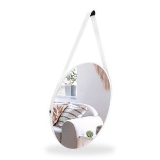 Espelho Redondo Adnet 40cm Com Alça Couro Suporte e Pendurador Sala -Quarto - Banheiro