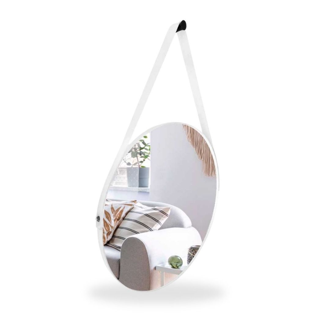 Espelho Redondo Adnet 40cm Com Alça Couro Suporte e Pendurador Sala -Quarto - Banheiro