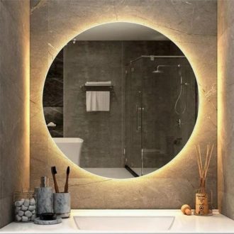 Espelho Redondo com Led Luz Círculo de Fogo Lapidado Médio/Grande Decorativo Tendência Barbearia