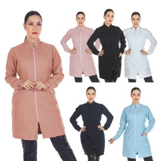 Jaleco Feminino Acinturado Oxford Manga Longa Com Zíper Gola Padre Várias Cores Estética Enfermagem