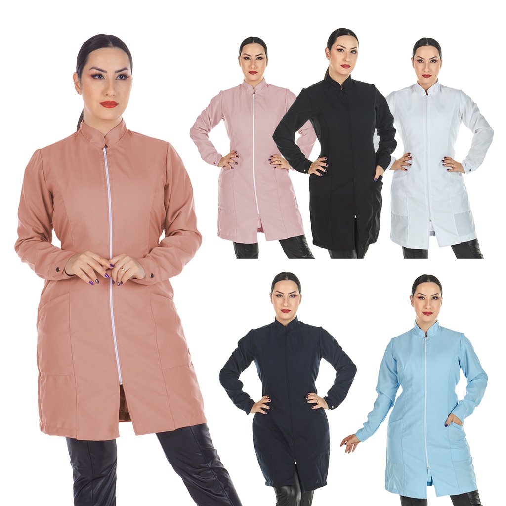 Jaleco Feminino Acinturado Oxford Manga Longa Com Zíper Gola Padre Várias Cores Estética Enfermagem