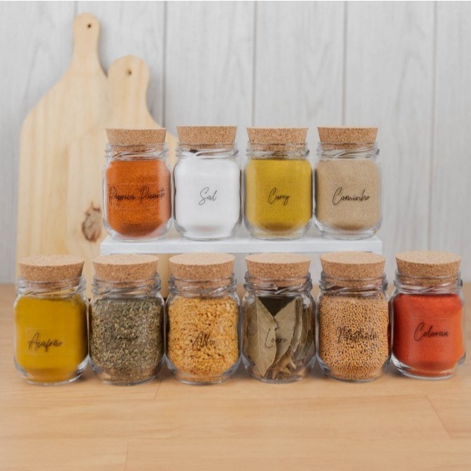 Kit 10 Potes de Tempero 200ml + Cartela De Temperos com 41 Adesivos | Porta Tempero