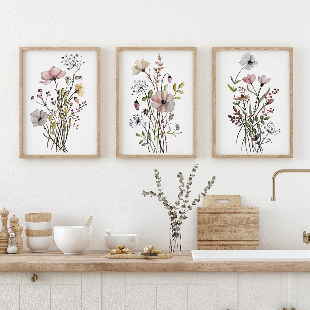Kit 3 Quadros Decorativo Abstrato Aquarela Flores Folhas Mural De Painel Espesso De