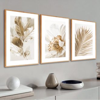 Kit 3 Quadros Decorativos Folhagem Dourada Gold Sala Grande Moderno