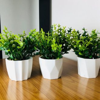 Kit 3 vasinhos de cerâmica com folhagem de eucalipto artificial para decoração