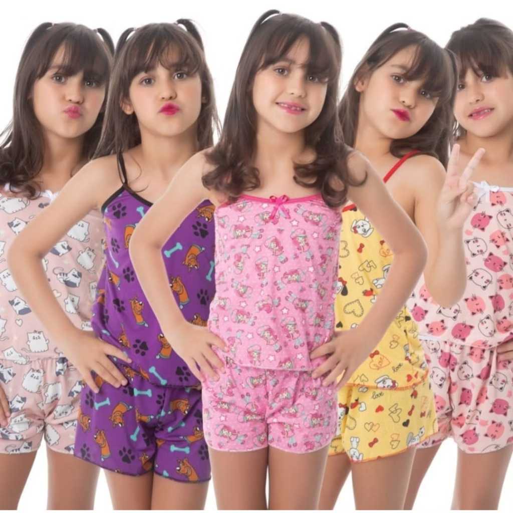 Kit 5 Pijamas Infantil Baby Doll Estampado com Short Roupa de Dormir