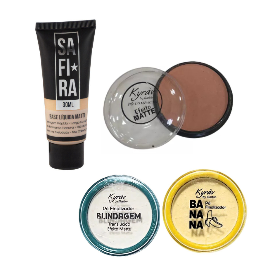 Kit Base, Pó Compacto e Pó Fixador 3 itens Maquiagem Beleza