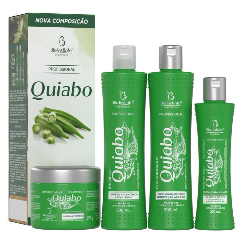 Kit Capilar Quiabo 4 itens Bio instinto Hidratação Brilho Salão de beleza em casa Cabelos Ressecados