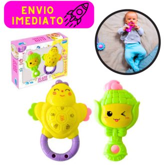 Kit Chocalho 02 Peças Brinquedo Educativo Diversão dos Bebês Criança Feliz Estimula Coordenação