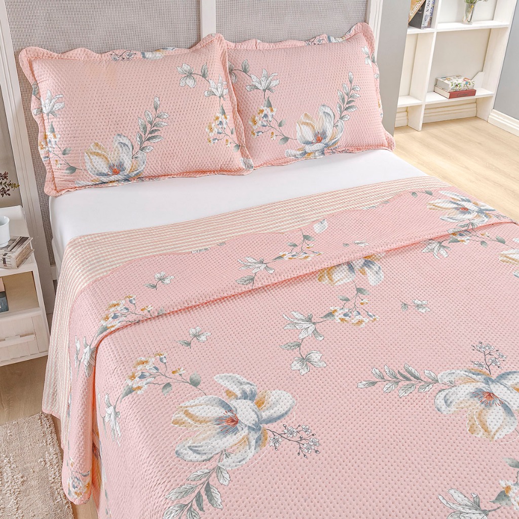 Kit Cobre Leito Colcha Casal Bouti 3 Peças Dupla Face Estampada Porta Travesseiro Aba Americana