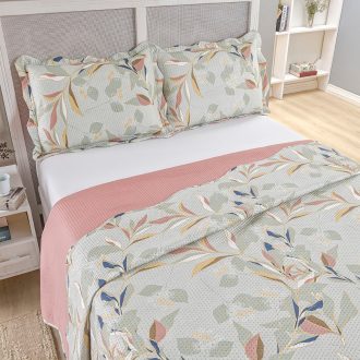 Kit Cobre Leito Colcha Queen Bouti 3 Peças Dupla Face Estampada Porta Travesseiro Aba Americana