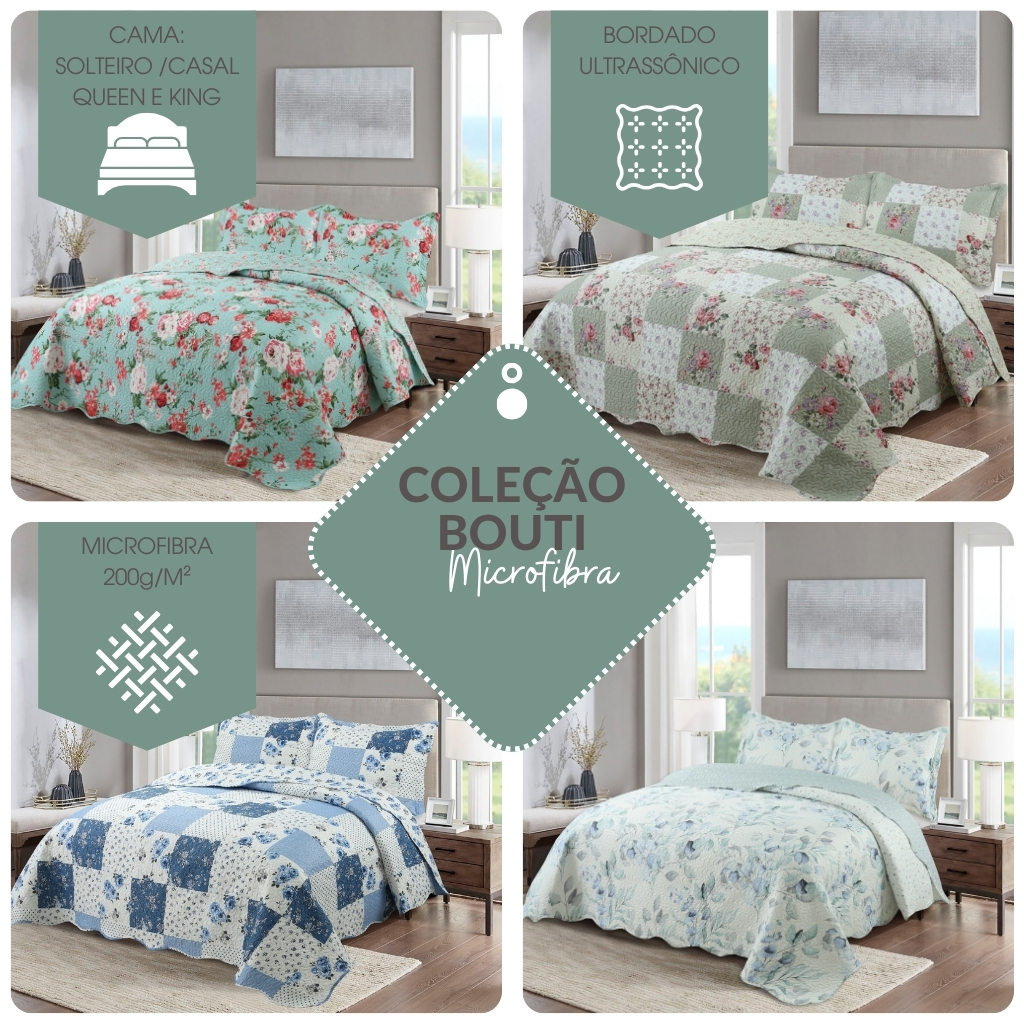 Kit Colcha Cobre Leito Casal Padrão Bouti Provence Microfibra Estampado Dupla Face