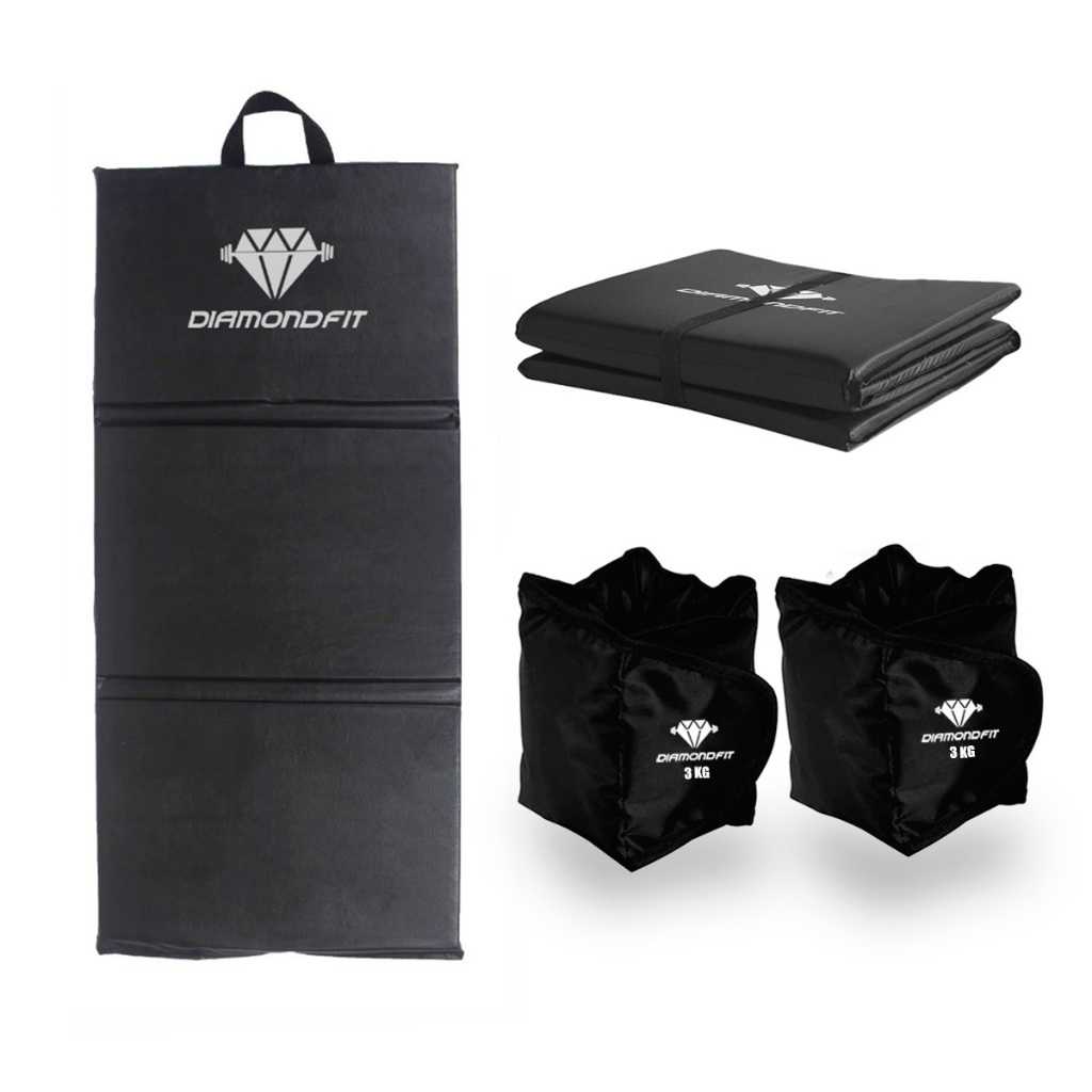 Kit Colchonete Dobrável D50 Academia Maleta + Par de Caneleira Musculação Fitness Tornozeleira Preto
