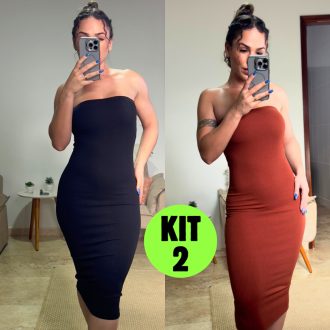Kit de Vestido Feminino Canelado Tomara que Caia Midi Básico Elegante