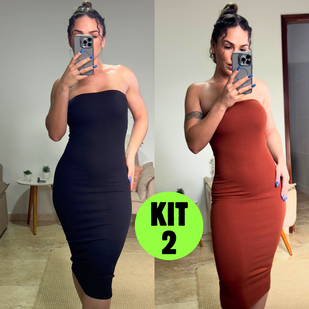 Kit de Vestido Feminino Canelado Tomara que Caia Midi Básico Elegante
