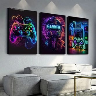 Kit quadros decorativos 3 peças tema hora do jogo video game controles para parede quarto sala