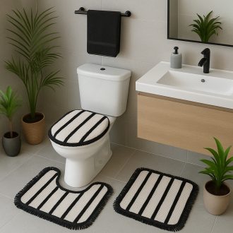Kit Tapete Banheiro com 3 peças algodão Jogo de Banheiro Decoração listras boho com franja