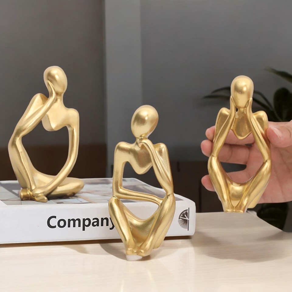 Kit Trio Dupla Estátuas de Arte Pensador, escultura moderna, Decoração Branco Dourado Preto Prata