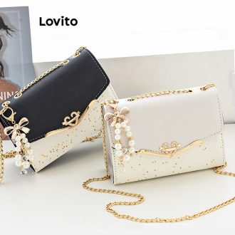 Lovito Casual Bolsa Feminina Pequena de Ombro de Patchwork com Corrente LNA32135 (Off White/Preto)