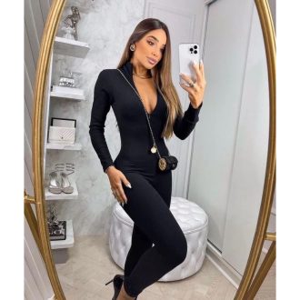 Macacão Manga Longa Virginia Zero Transparencia Com Zíper Preto Elegante Balada Lançamento