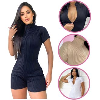 Macaquinho Feminino Canelado 3D Premium Virginia Ziper Shorts Macacão Curto Moda Gringa Blogueira