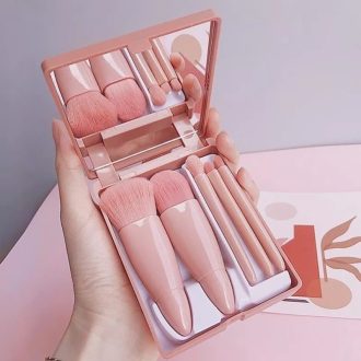 Mini Espelho de Maquiagem Portátil com 5 Pcs Pincéis de Maquiagem para Beleza e Maquiagem On-the-Go