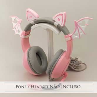 Orelha de Gato para Fone de Ouvido + Asinhas | Kit Gamer Rosa | Acessório para headset | Neko cosplay