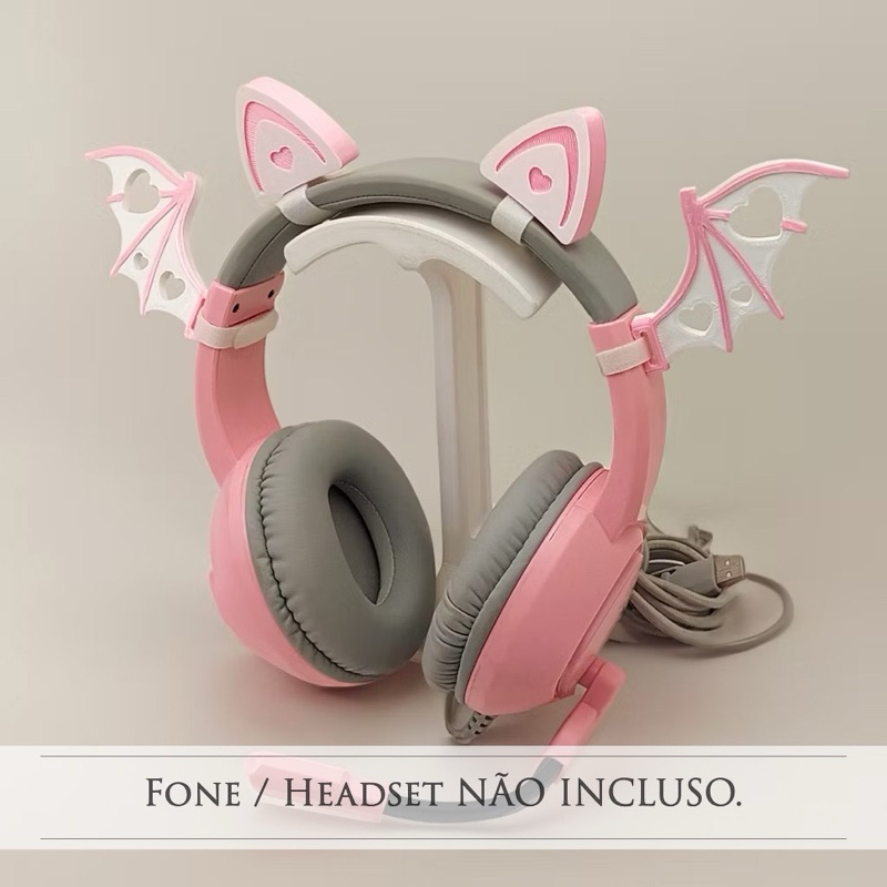 Orelha de Gato para Fone de Ouvido + Asinhas | Kit Gamer Rosa | Acessório para headset | Neko cosplay