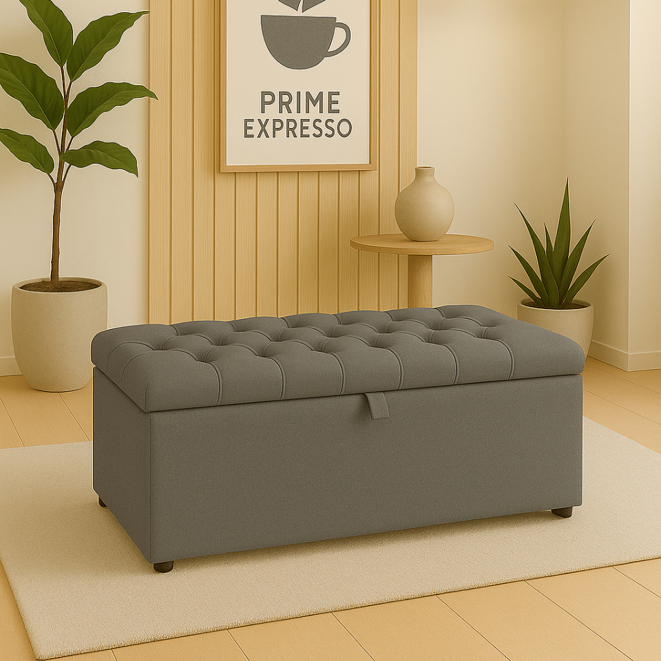 Puff Baú pé de cama 90 cm no Sued Capitone Organizador e Sapateira (Porta Objetos e Brinquedos)