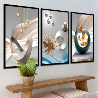 Quadro Decorativo 3 Pçs Abstrato Geométrico Circulo Cinza Para Sala Promoção